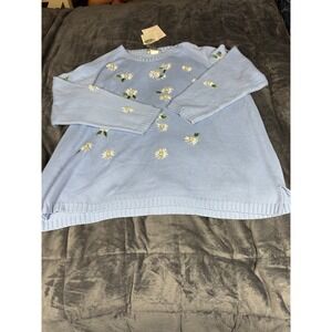 QVC Style Quacker Factory Daisy Embroidered Knit Sweater Blue 3X‎ NWT